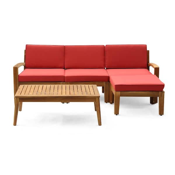 Unbranded 5-Piece Wood Patio Outdoor Sectional Sofa Set with Coffee Table, Ottoman and Red Water-Resistant Cushions