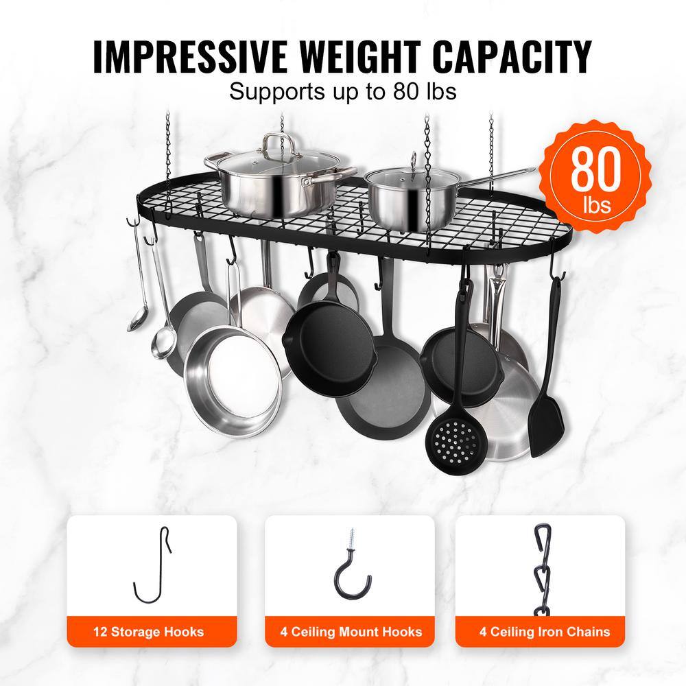 Black Carbon Steel 36-Inch Ceiling Mount Hanging Pot Rack with 20 S Hooks