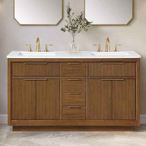 Xander 60 in. Double Freestanding Warm Walnut Bath Vanity with White Engineered Stone Top