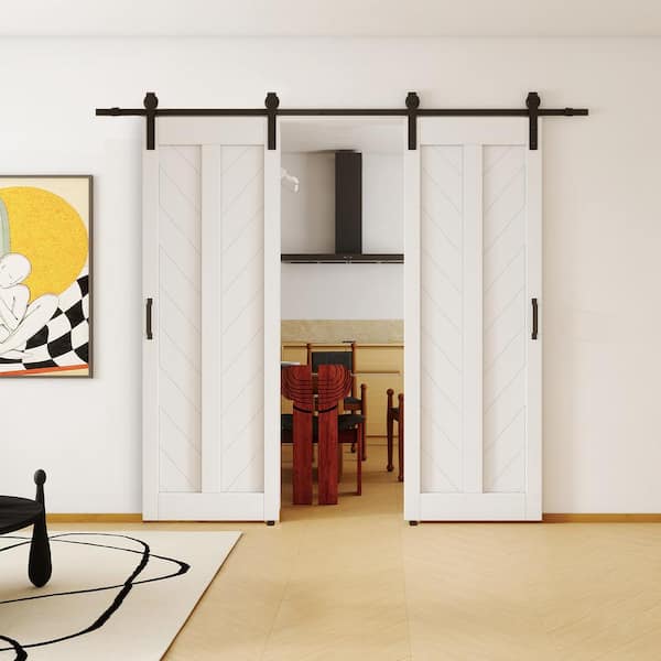 60 in. x 84 in . (Double 30" Doors) White, V Frame, Finished, MDF Sliding Barn Door with Hardware Kit