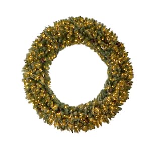 72 in. Prelit LED Giant Flocked Artificial Christmas Wreath with Pinecones, 400 Clear LED Lights