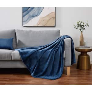 Solid Plush Dark Blue Polyester 50 in. x 60 in. Throw Blanket