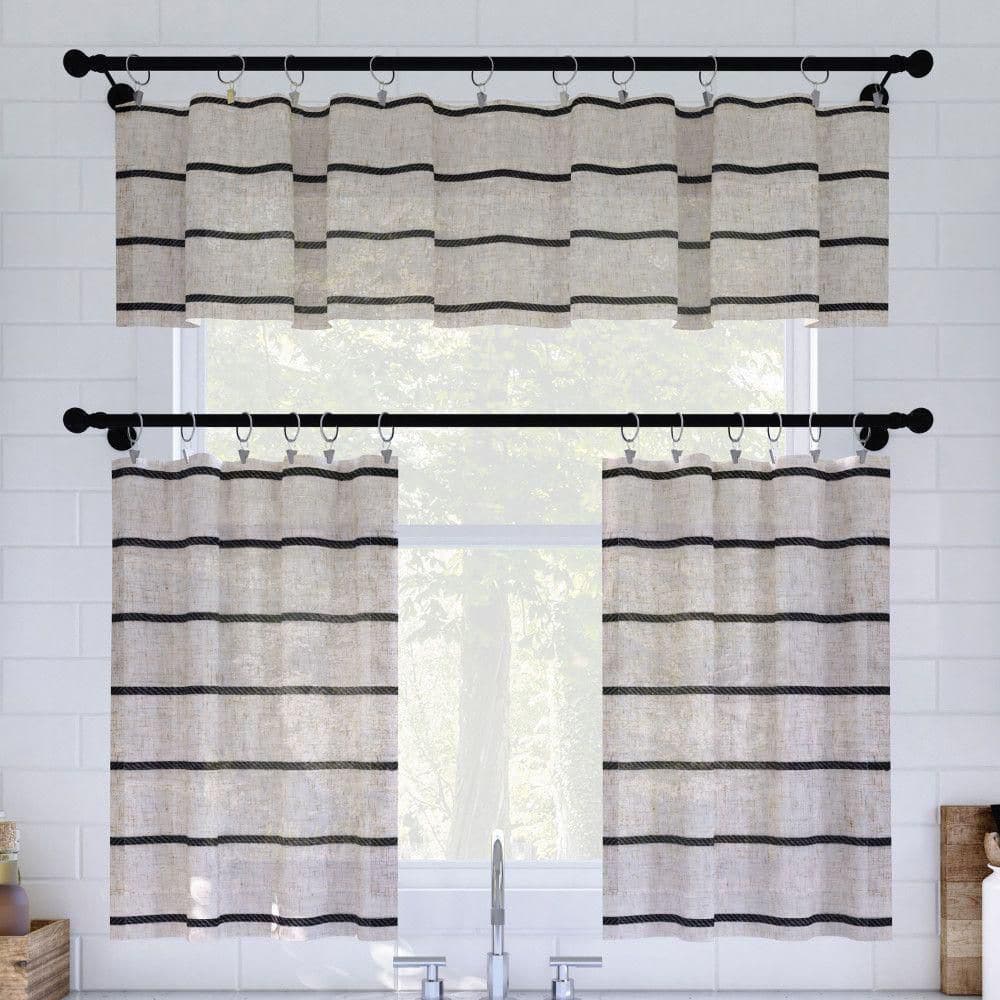 Black and Beige Twill Stripe Linen Blend Sheer Rod Pocket Valance