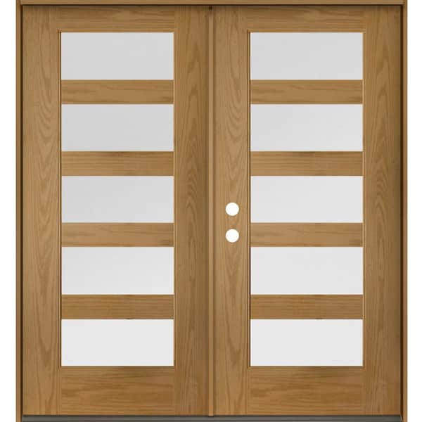 Krosswood Doors ASCEND Modern 72 in. x 80 in. 5-Lite Right-Active/Inswing Satin Glass Bourbon Stain Double Fiberglass Prehung Front Door