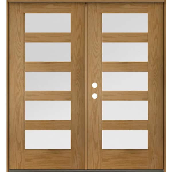 ASCEND Modern 72 in. x 79 in. 5-Lite Right-Active/Inswing Satin Glass Bourbon Stain Double Fiberglass Prehung Front Door