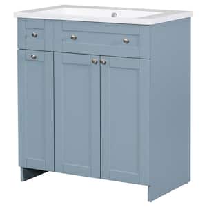 30 in. W x 18 in. D x 34.5 in. H Blue Linen Cabinet with Bath Vanity, Adjustable Shelf and White Resin Sink Top