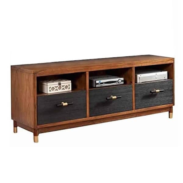 Benjara 61 in. Brown and Black Wood TV Stand Fits TVs up to 55 in. with 3-Drawer and 3 Open Compartments