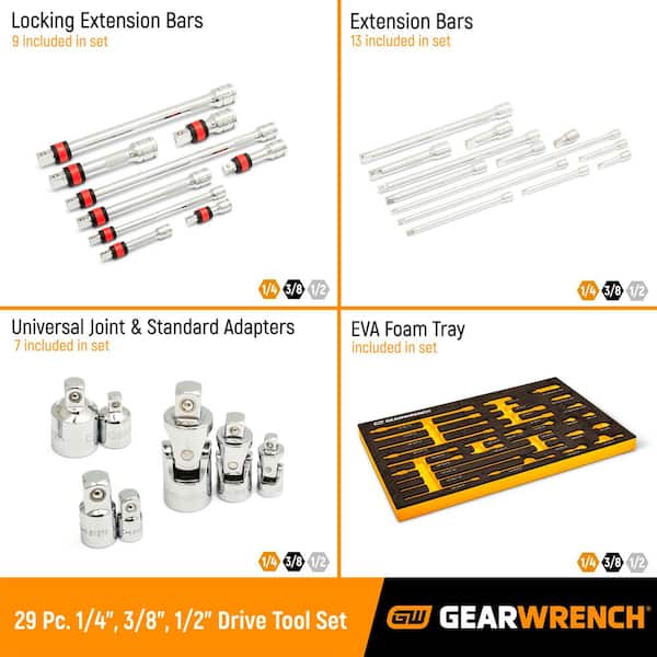 1/4 in., 3/8 in., 1/2 in. Drive Chrome Tool Accessories Set with EVA Foam Tray (29-Pieces)