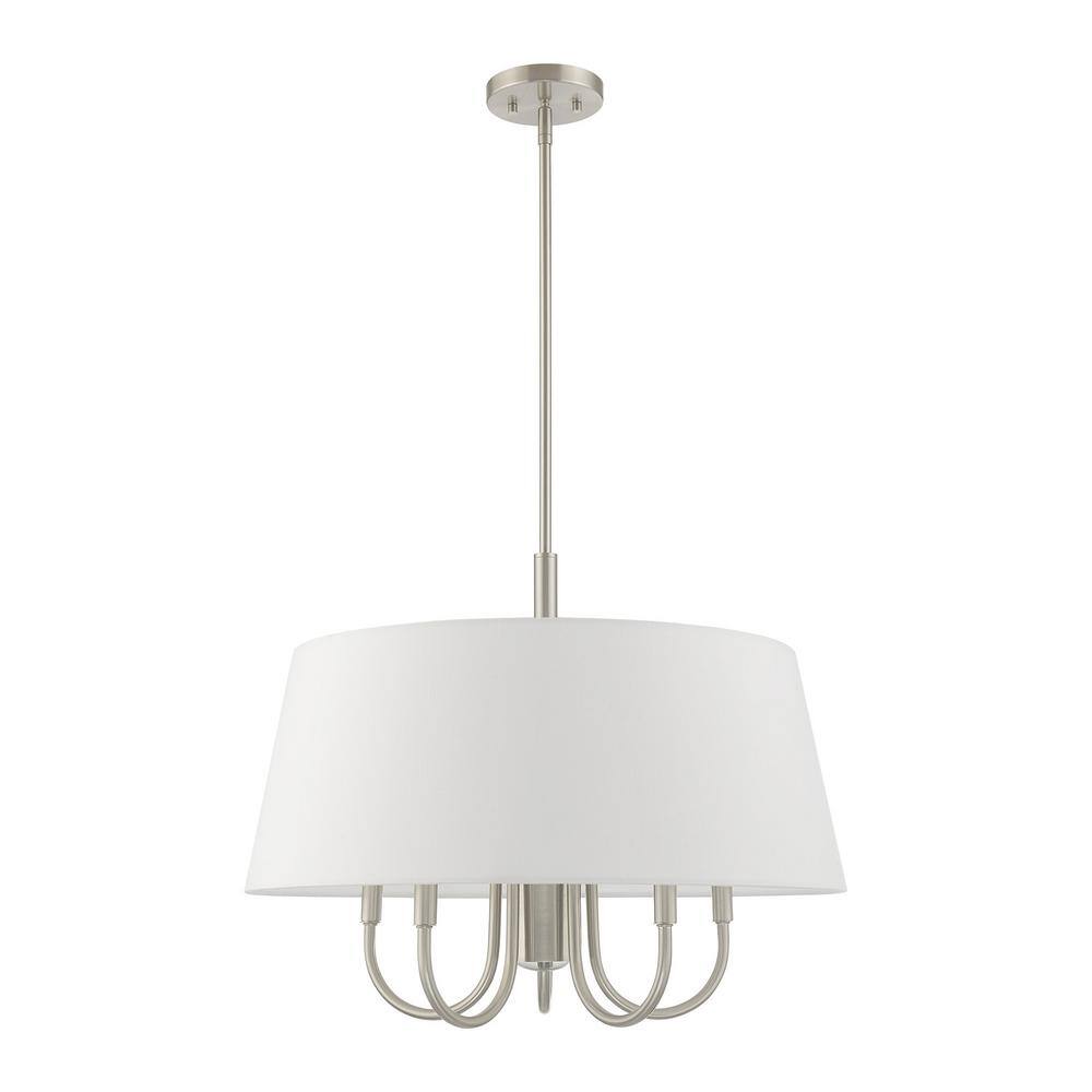 Belclaire 6-Light Brushed Nickel Pendant with Off-White Drum Shade
