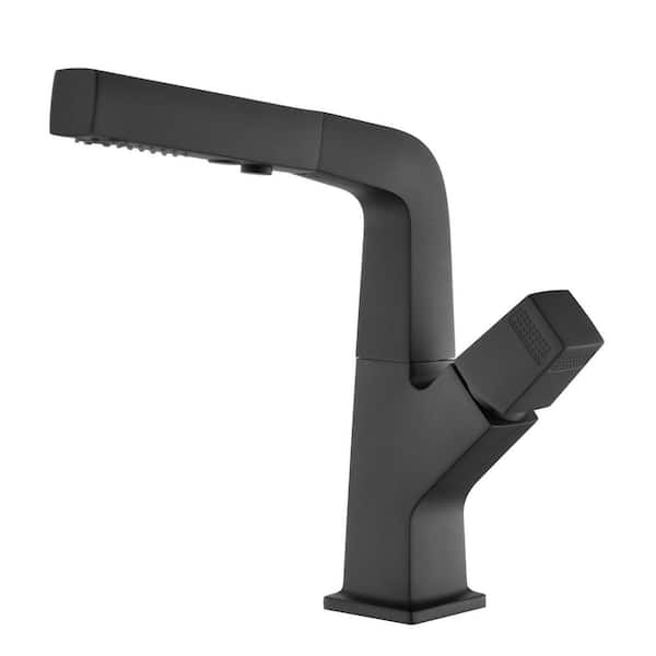 Single Handle Single Hole Bathroom Faucet with Pull Out Sprayer Modern Brass Sink Basin Vanity Taps in Matte Black