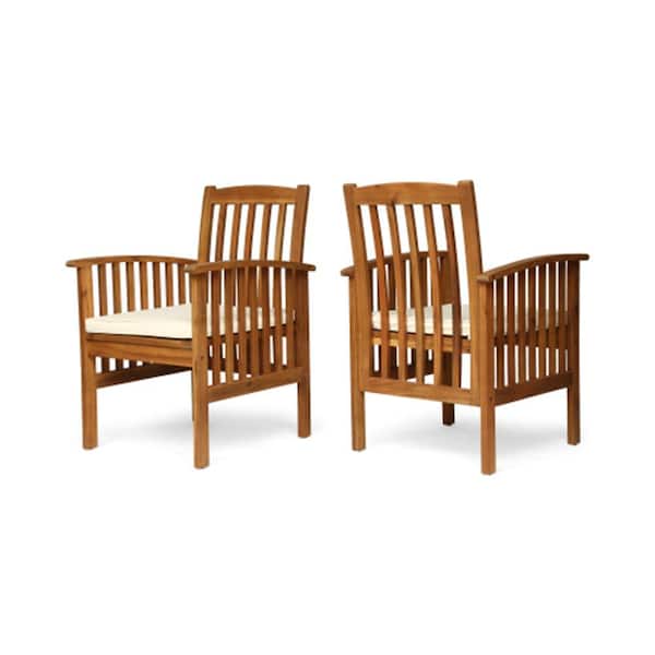 Oyezvary 2-Piece Brown Wood Outdoor Dining Chair with White Cushion, Weather-Resistant Design, Hook and Loop Tie Cushions
