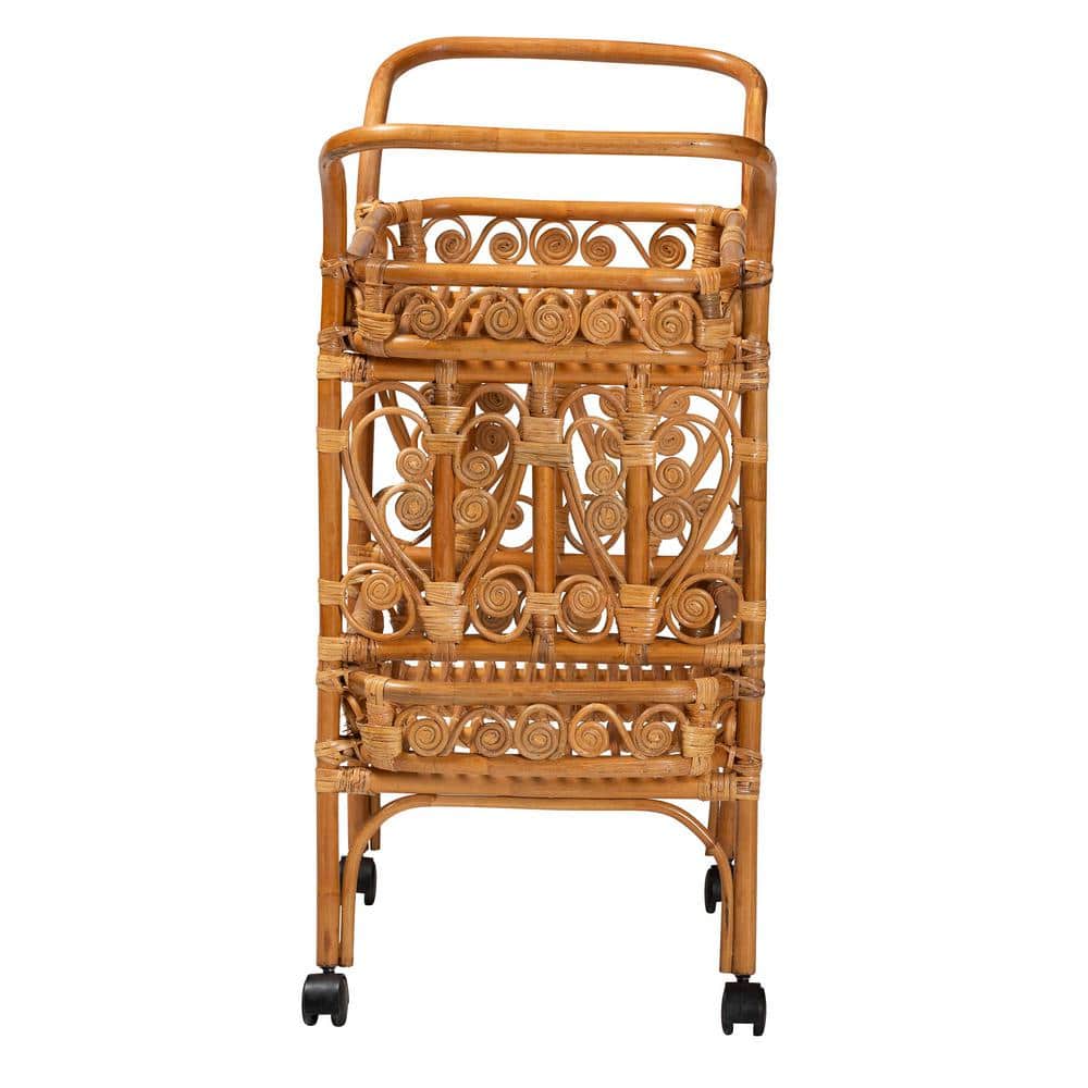Natural Brown Rattan Round Kitchen Cart with Storage
