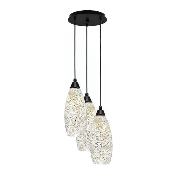 Unbranded Savannah 15 in. 3-Light Matte Black Cord Pendant Light Natural Fusion Glass Shade