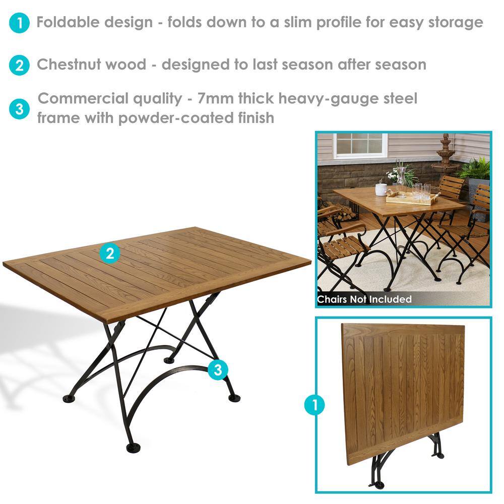 Chestnut Wood Folding Patio Dining Table with Black Steel Frame