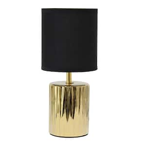 11.61 in. Gold with White Black Ruffled Metallic Chrome Capsule Bedside Table Desk Lamp with Drum Fabric Shade