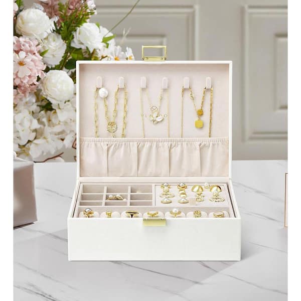 7.1 x 3.3 in. Cream White PU-Leather Jewelry Box with Removable
