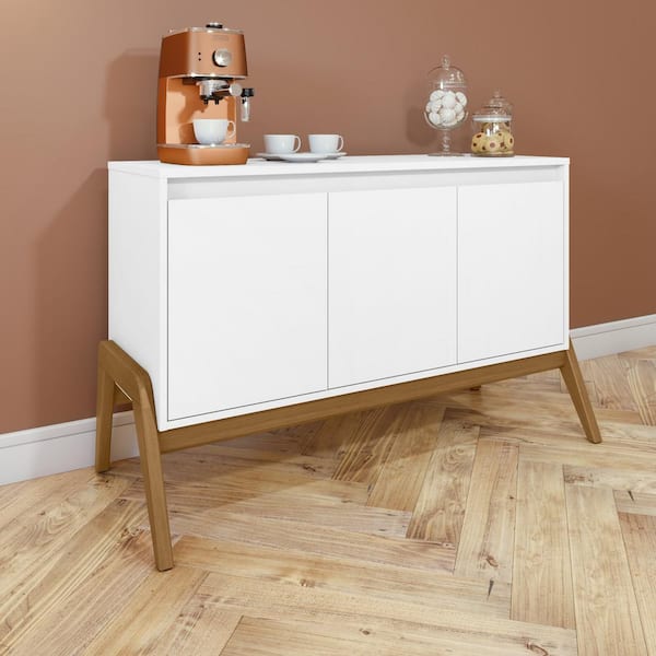 Manhattan Comfort Gales Mid-Century Modern Matte White MDF 48.5 in. Sideboard with 4-Storage Shelves and 3-Soft Close Doors