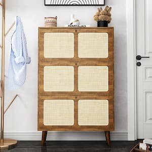 Walnut Wooden Rattan 3-Tier Shoe Storage Cabinet with Flip-Up Drawers(9.45in.D x 31.5in.W x 47.24in.H)