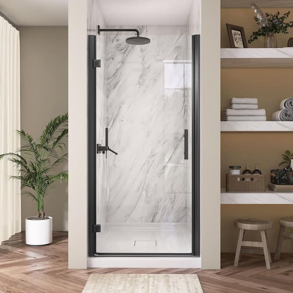 36 to 37-1/4 in. W x72 in. H Frameless Shower Door Left Hinged Pivot Swing Single Door in Matte Black Clear Glass