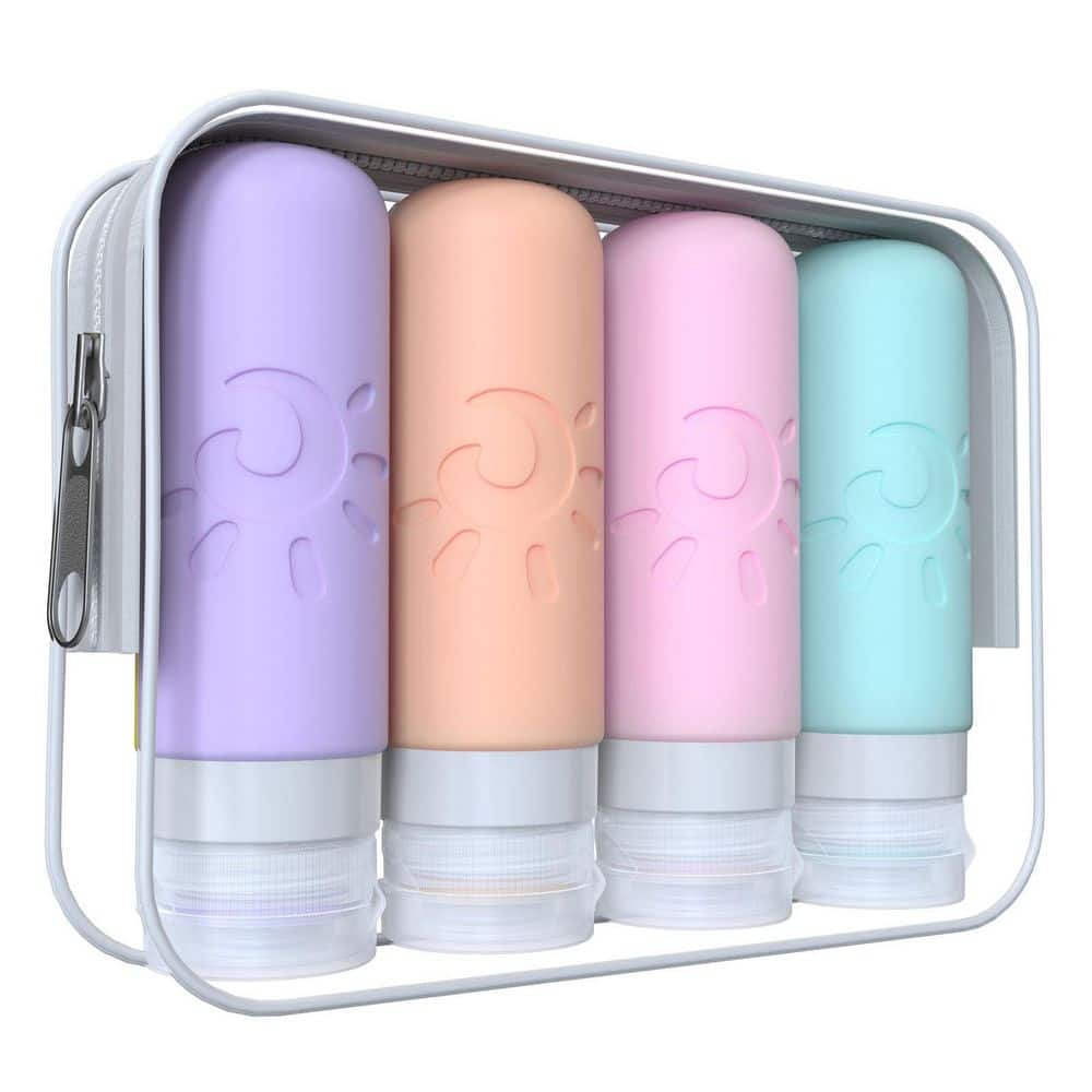 Multicolored Cosmetic/Toiletry Bag Travel Bottle Set TSA Approved Leakproof Silicone Toiletry Containers 4 Pieces