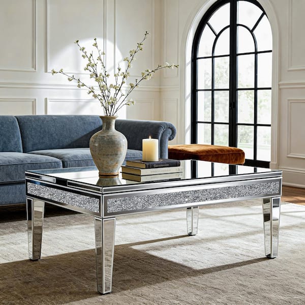 Silver 35.4 in. W x 18.1 in. H Rectangle Full Length Mirror Lift Top Glass Coffee Table with Storage