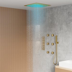 Thermostatic 7-Spray 20 in. Ceiling Mount Squre LED Mood Lighting Shower Systemr in Brushed Gold(Valve Included)