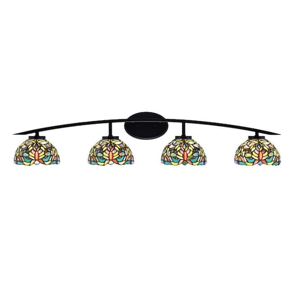 Unbranded Siena 40 in. 4-Light Matte Black Vanity-Light with 7 in. Kaleidoscope Art Glass Shades No Bulbs Included