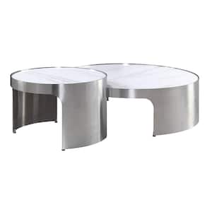 Abilene 39 in. White and Brush Silver Round Marble 2-Piece Coffee Tables
