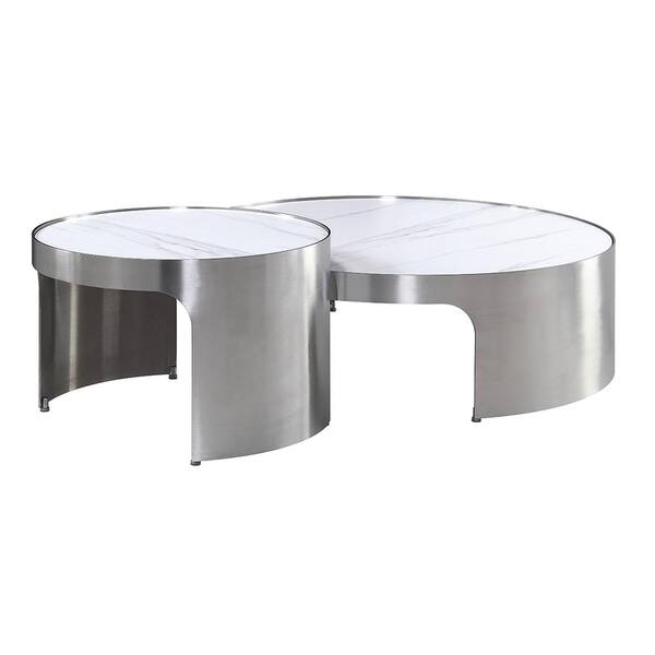 Acme Furniture Abilene 39 in. White and Brush Silver Round Marble 2-Piece Coffee Tables