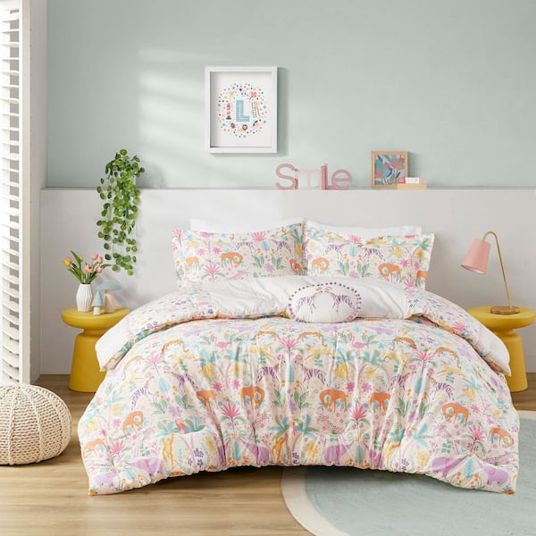 URBAN HABITAT KIDS Thea 4-Piece Purple Cotton Full/Queen Floral Reversible Cotton Comforter Set with Throw Pillow