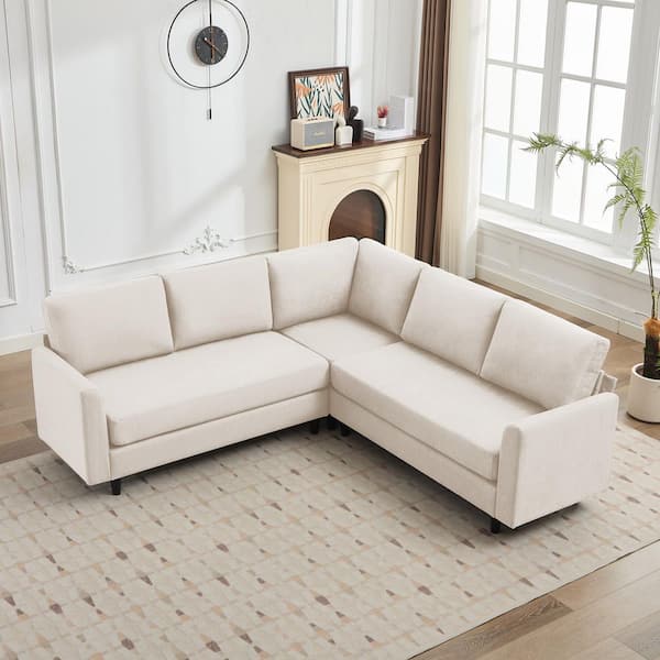 Jearey Florence L-Shaped Mid-Century Linen Fabric Sectional Sofa, 5-Seat Sectional Couch for Living Room in Beige