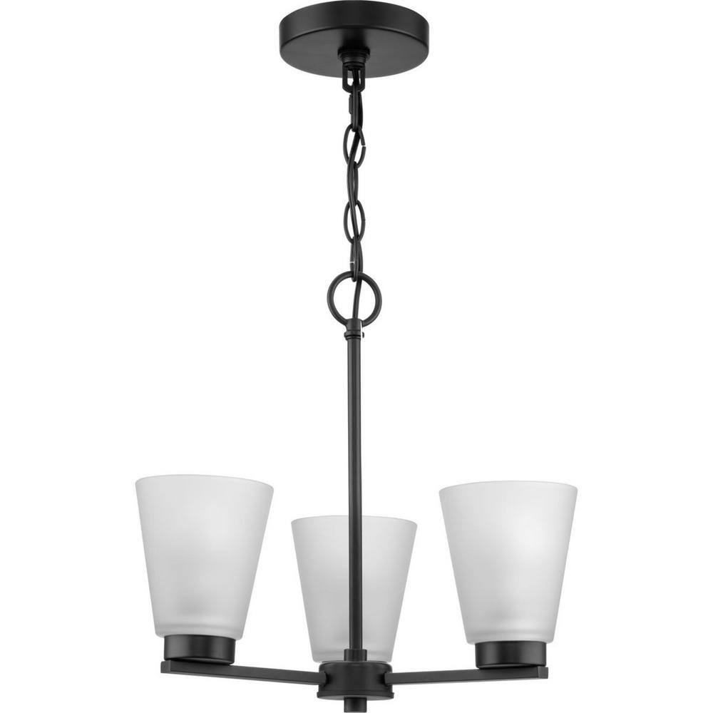 Matte Black Steel 3-Light Chandelier with Etched Glass Shades