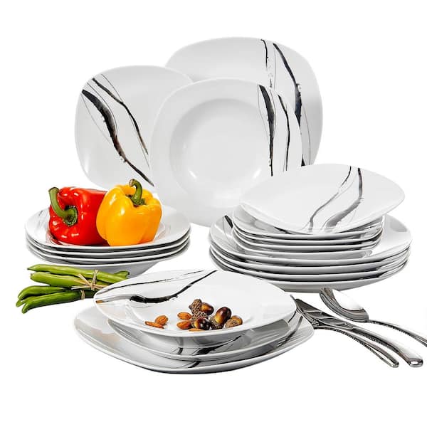 VEWEET Teresa 18-Piece Casual Ivory White with Black Lines Pattern Porcelain Dinnerware Set (Service for 6)
