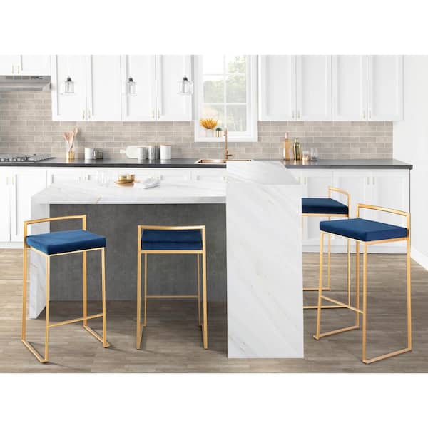 LumiSource Fuji 30.75 in. Blue Velvet and Gold Metal Stackable Bar Stool (Set of 3)