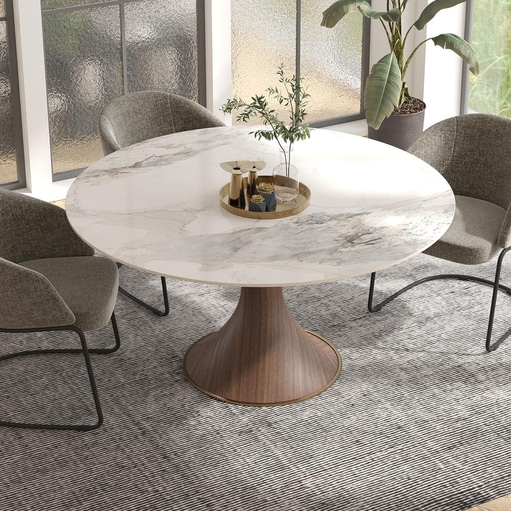 Modern Round White Chanel Rock Stone Tabletop 53.15 in. Black Woodgrain Ped