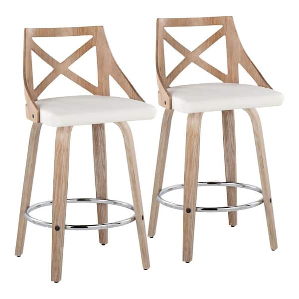 Charlotte 26 in. Whitewashed Wood and White Faux Leather Fixed-Height Counter Stool Wood Legs Round Footrest (Set of 2)