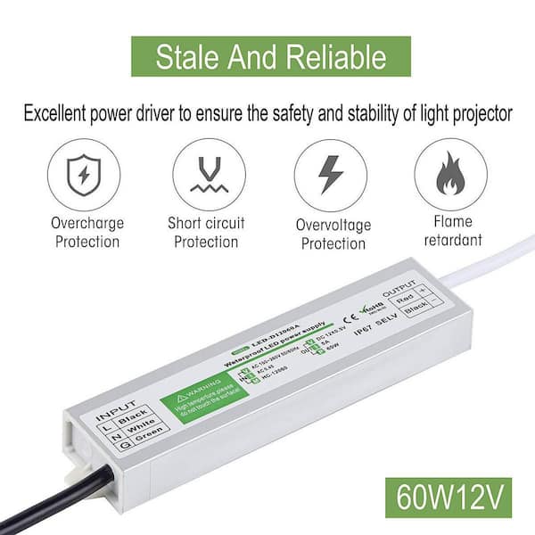 60 Watts LED Driver 100V-260V AC to 12V DC Low Voltage Output for