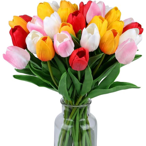 Afoxsos 14 in. 15-Pieces White Indoor Artificial Tulips Silk Flower Real Touch for Home Kitchen Wedding Bouquet