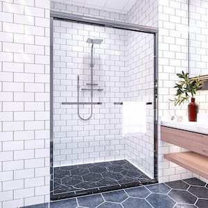 46 to 48 in. W. x 72 in. H Double Sliding Semi-Frameless Shower Door in Brushed Nickel with Double Handle