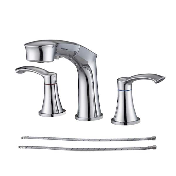 Pdpbath 8 in. Widespread Double Handle 3-Holes Bathroom Faucet with Pull Out Spout in Chrome