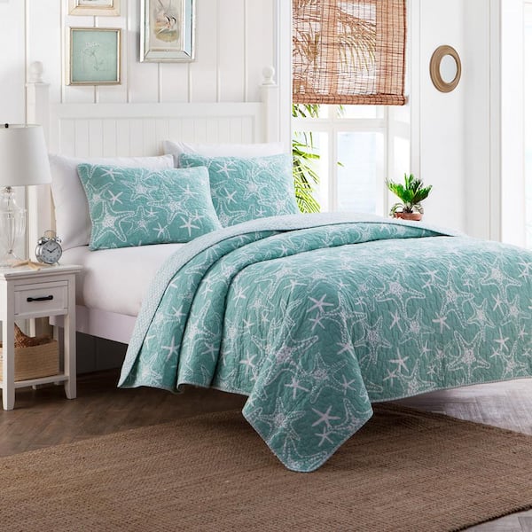 HOME RETREAT Starfish 3-Piece Aqua Cotton Quilt Set-Twin