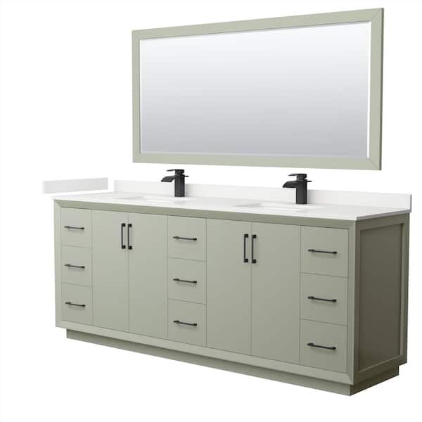 Wyndham Collection Strada 84 in. W x 22 in. D x 35 in. H Double Bath Vanity in Light Green with White Quartz Top and 70 in. Mirror