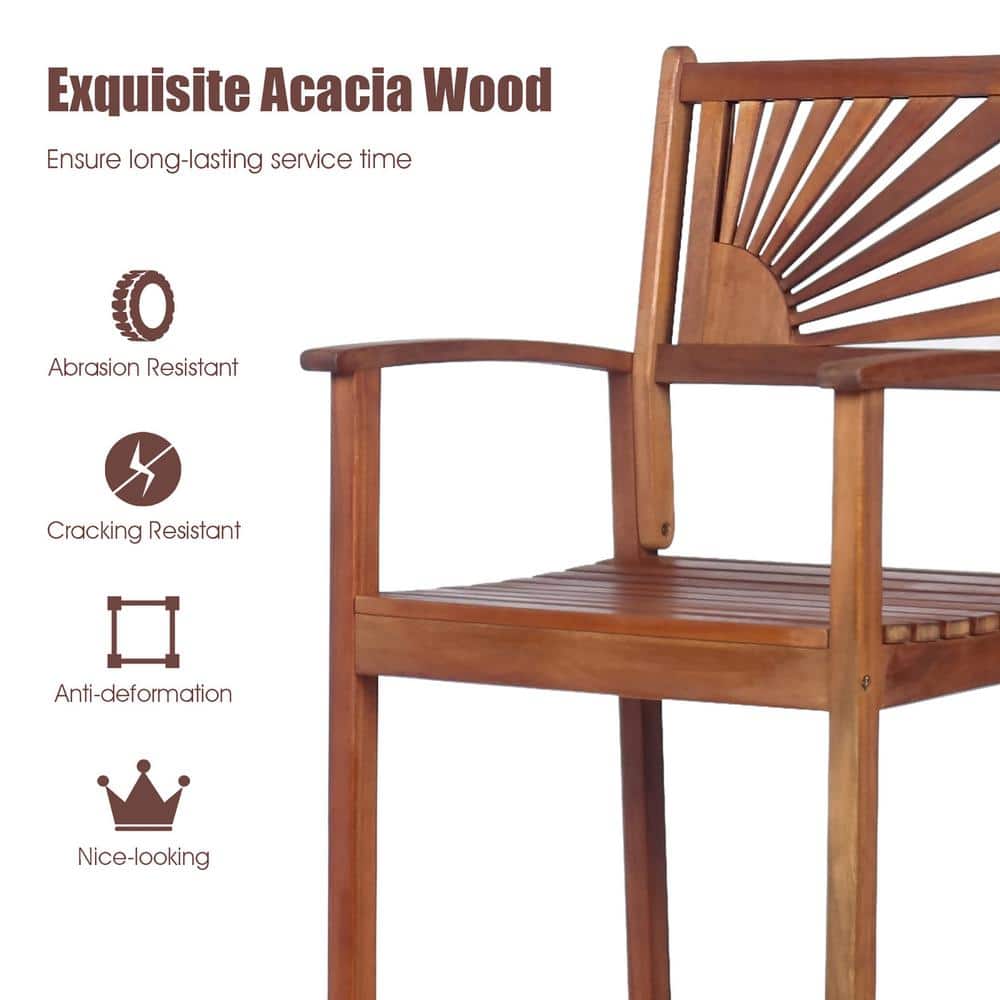 Acacia Wood High-Back Brown Outdoor Bar Stools with Armrests - Set of 2