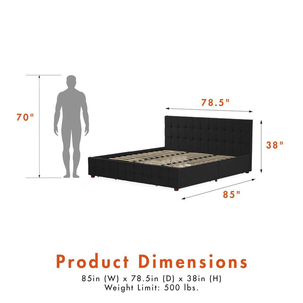 Elizabeth King Black Velvet Upholstered Storage Platform Bed