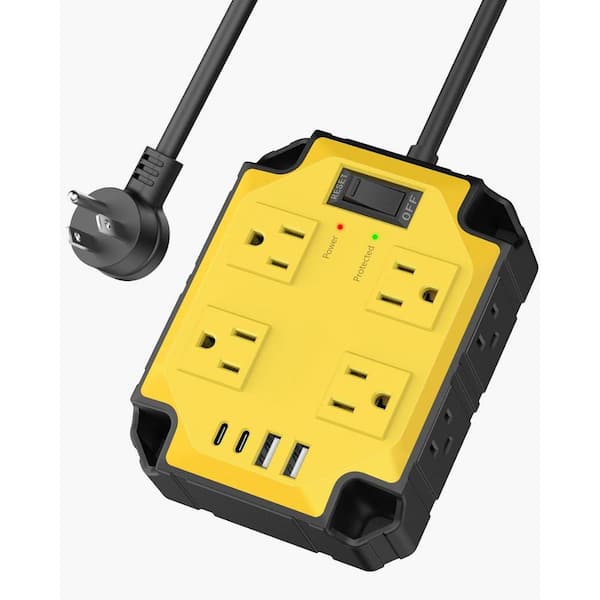 8-Outlet Yellow Industrial Magnetic Power Strip Protector with 4 USB Port and 6.5 ft. Cord