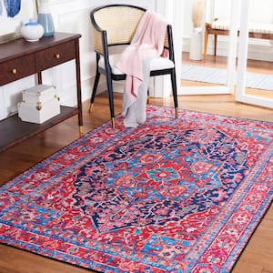 Tuscon Navy/Red 5 ft. x 8 ft. Machine Washable Border Floral Area Rug