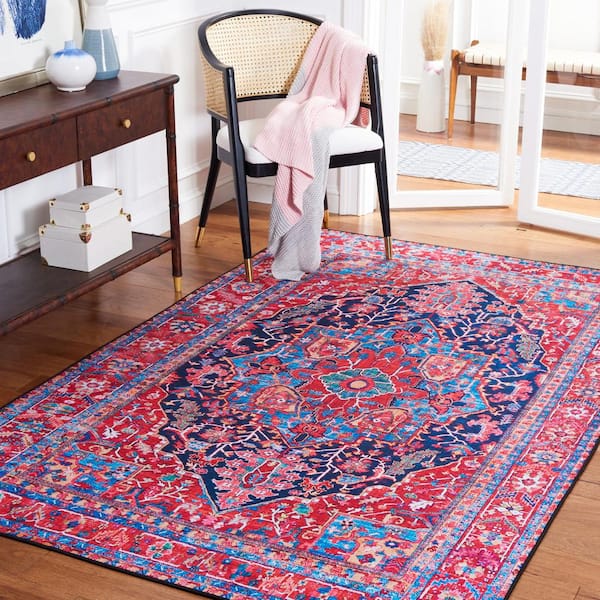 Tuscon Navy/Red 9 ft. x 12 ft. Machine Washable Border Floral Area Rug