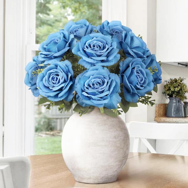 17 in. Deluxe Blue Artificial Elegant Rose Flower Stem Bush Bouquet (Set of 2)