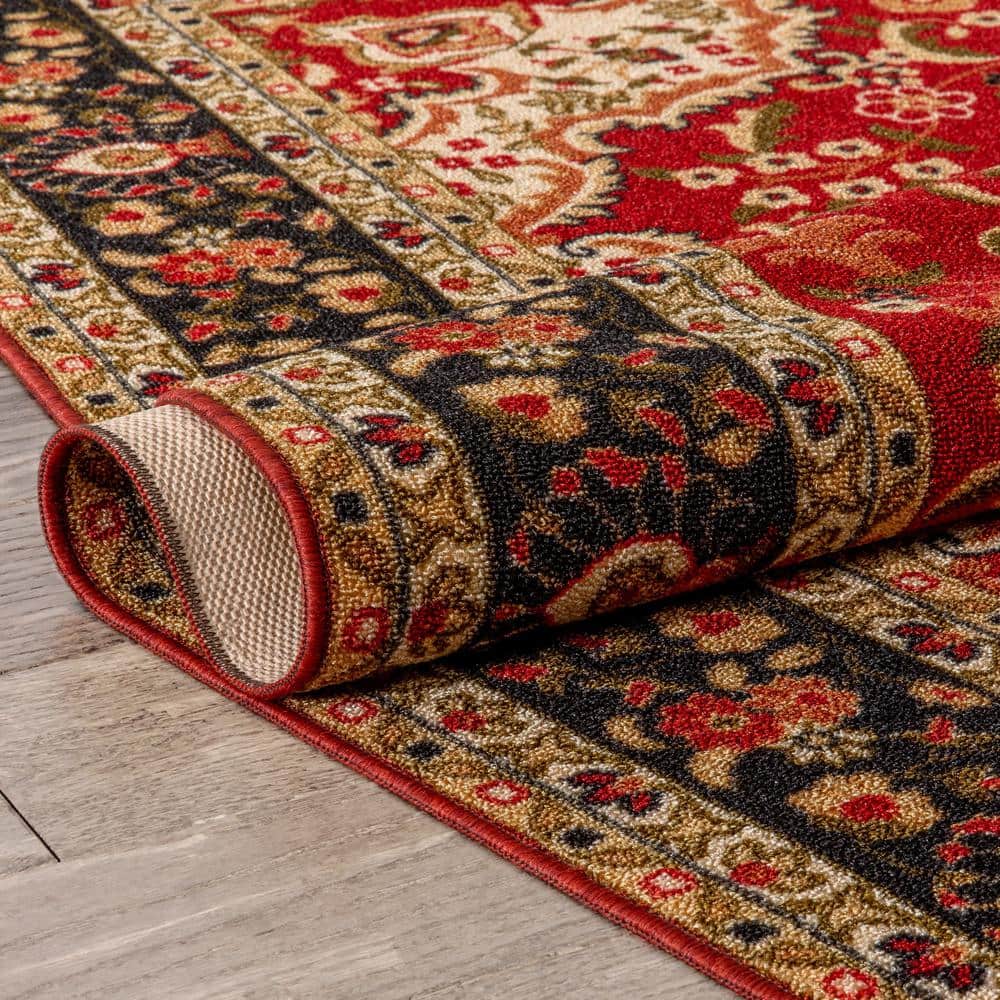 Red and Beige Medallion Synthetic Washable 5' x 7' Area Rug