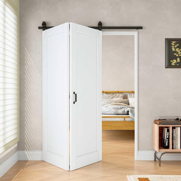 ARK DESIGN 56 in. x 80 in. (Two 28 in. Slabs) 1 Paneled White Primed DIY Painting MDF Bifold Sliding Barn Door with Hardware Kit